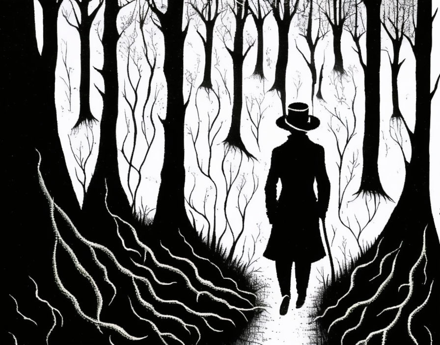 Monochrome illustration of person in trench coat and hat walking in dark forest