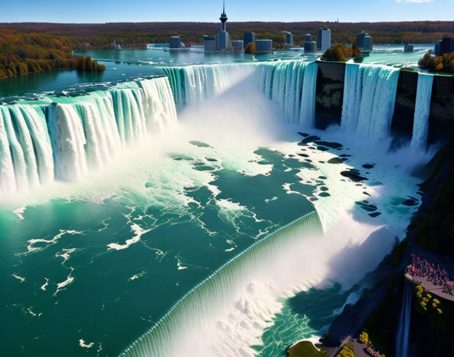 Panoramic View of Niagara Falls with City Skyline and Blue Sky
