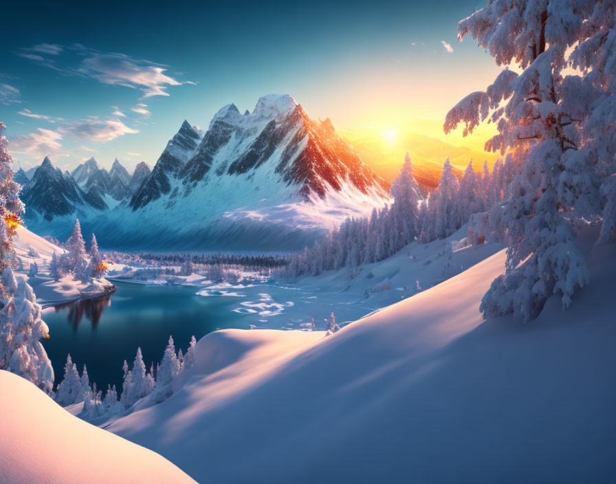 Winter sunrise scene: snowy trees, serene lake, distant mountains
