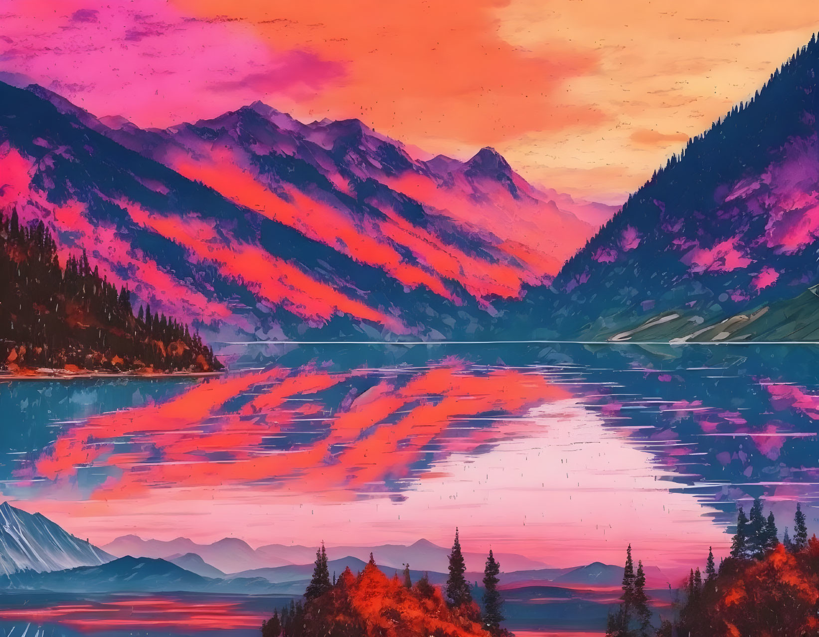 Colorful digital artwork: Mountain landscape with pink and orange sky, serene lake, and lush evergreens