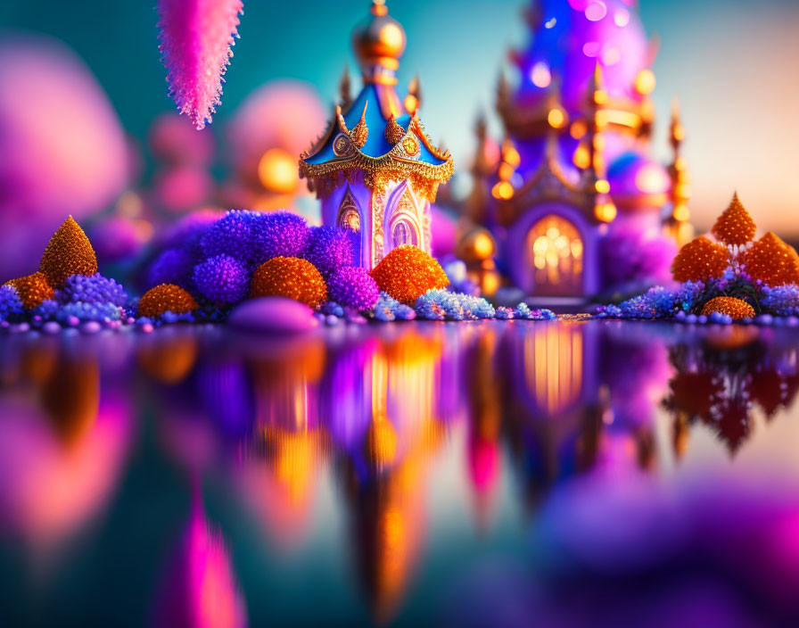 Vibrant Purple and Blue Fantasy Landscape with Ornate Towers