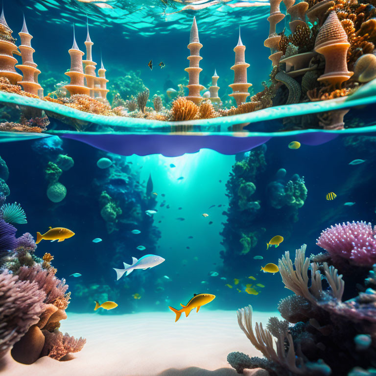 Vibrant coral reefs with castle-like structures in underwater scene