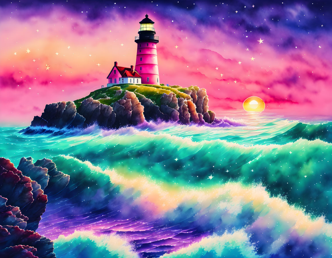 Lighthouse on rocky island with luminous waves under starry sky