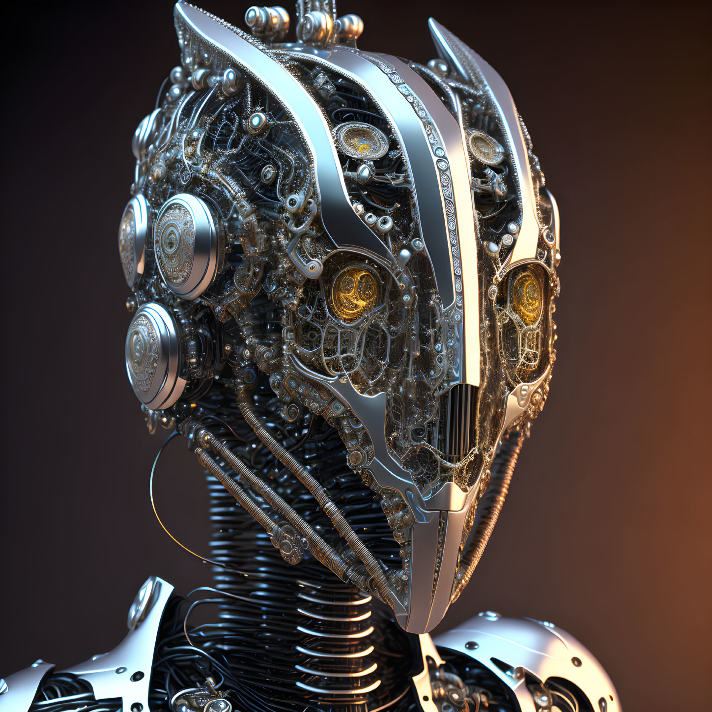 Detailed Robotic Head with Silver, White, and Golden Mechanical Parts