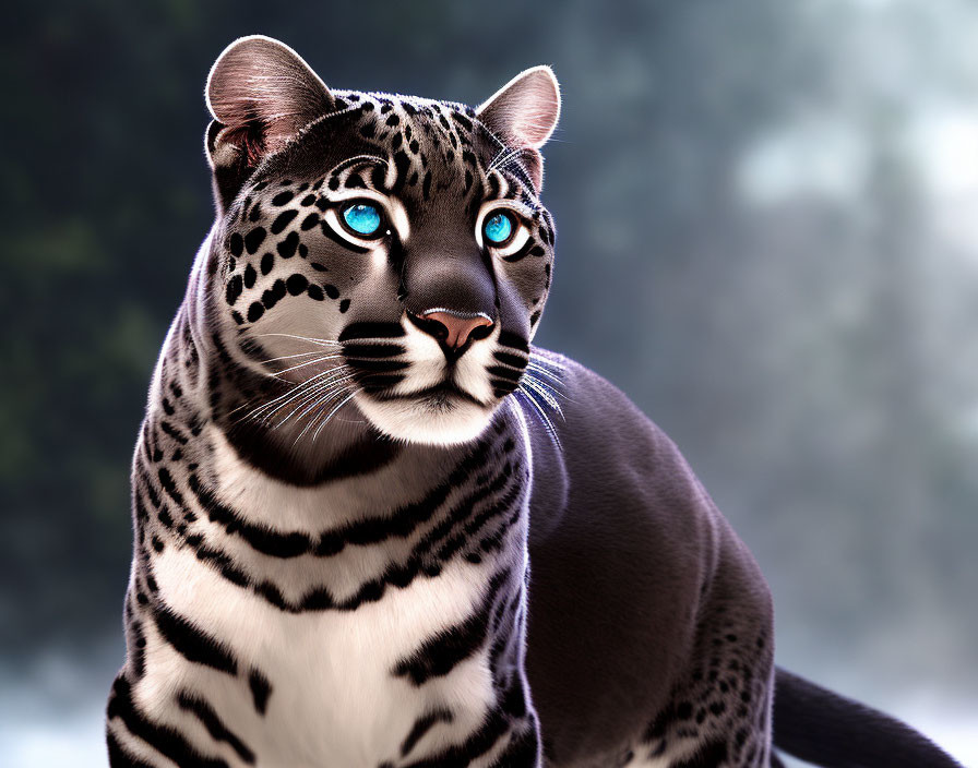 Digital art: Leopard with patterned coat and blue eyes in misty background