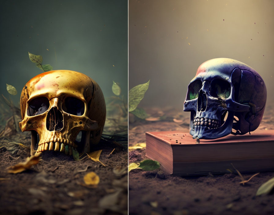 Diptych of Skulls: Soil vs. Book with Smoke