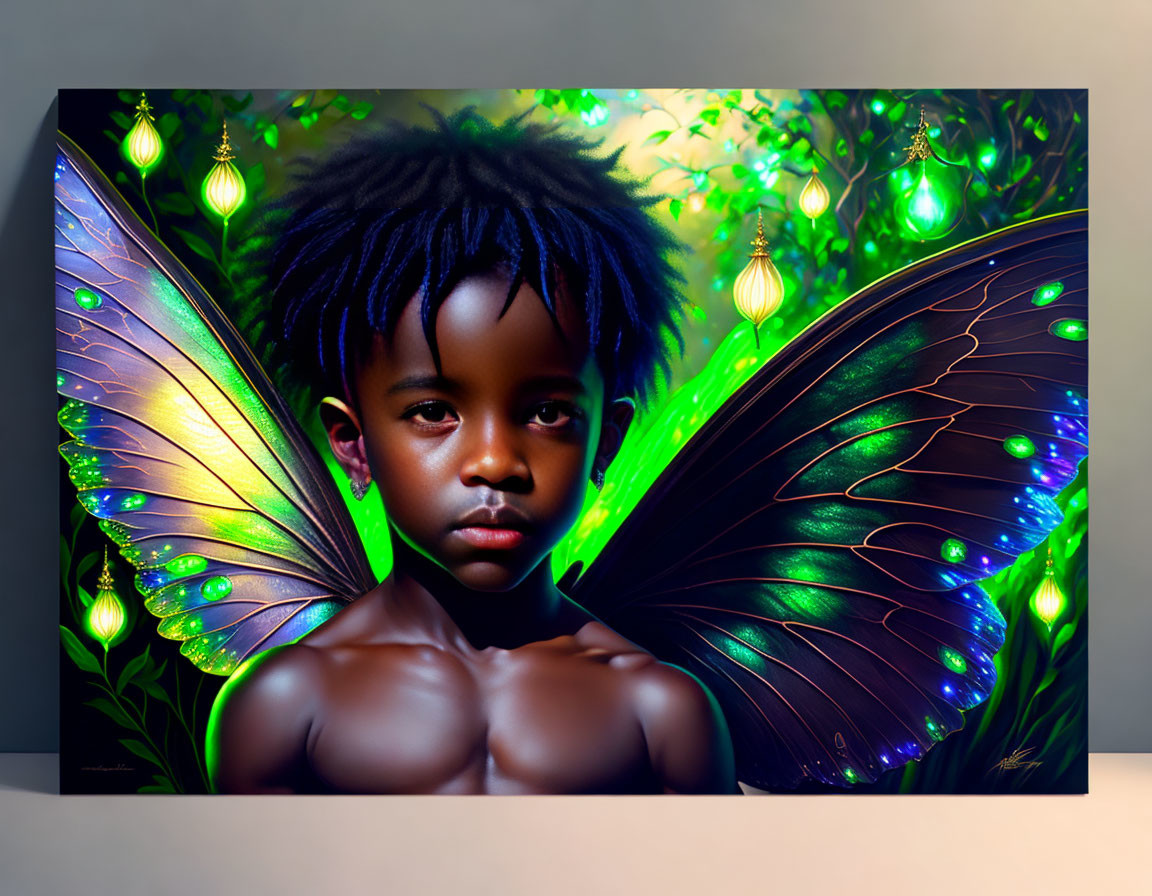 Child with Butterfly Wings in Glowing Green Lights Artwork