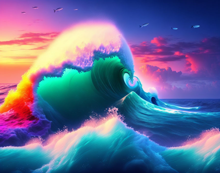 Colorful digital artwork: Wave gradient from magenta to blue under sunset sky with birds