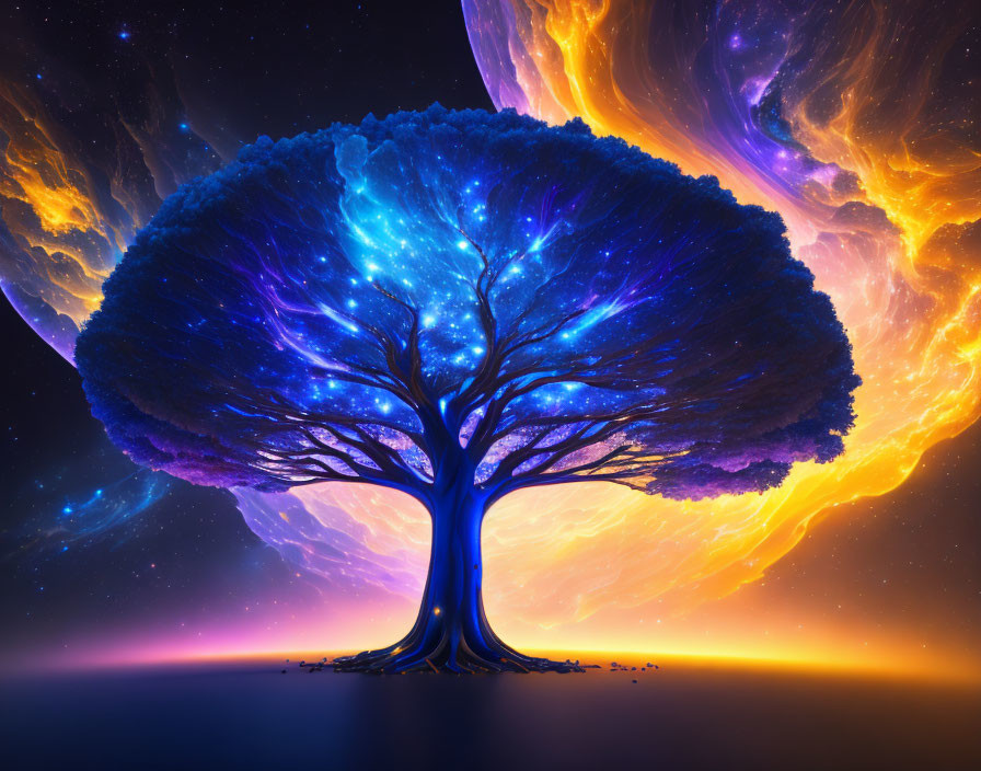 Majestic tree with luminous blue canopy in cosmic backdrop