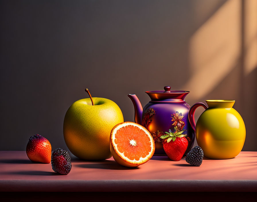 Colorful still life composition with fruits and teapots on a table