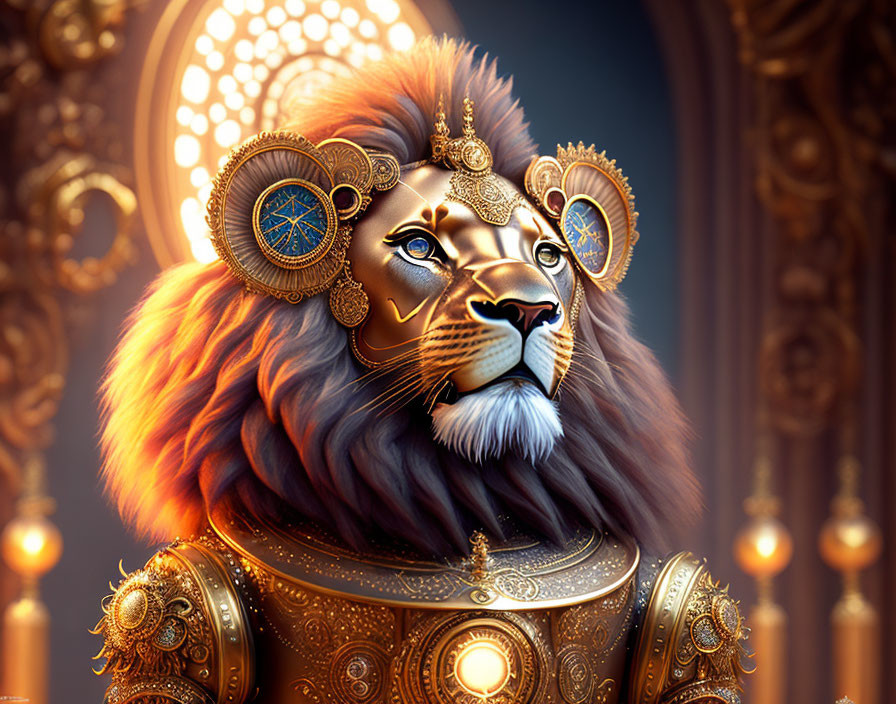 Golden-Maned Lion in Clockwork Armor Amid Intricate Archways