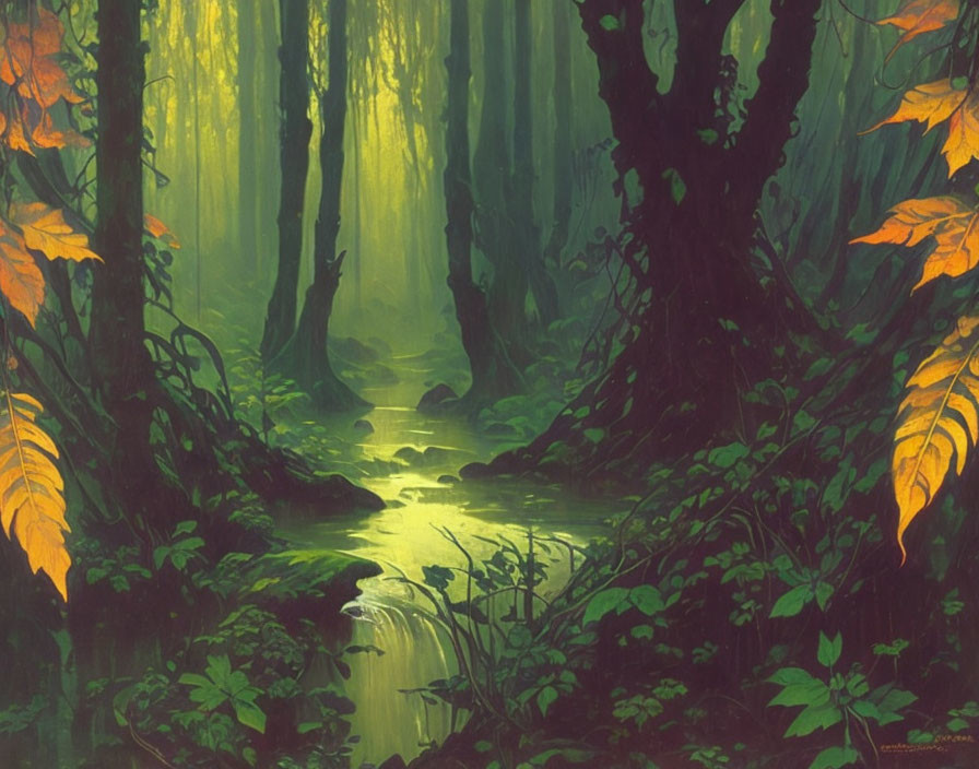 Misty forest with towering trees, sunlight filtering through leaves, and serene stream