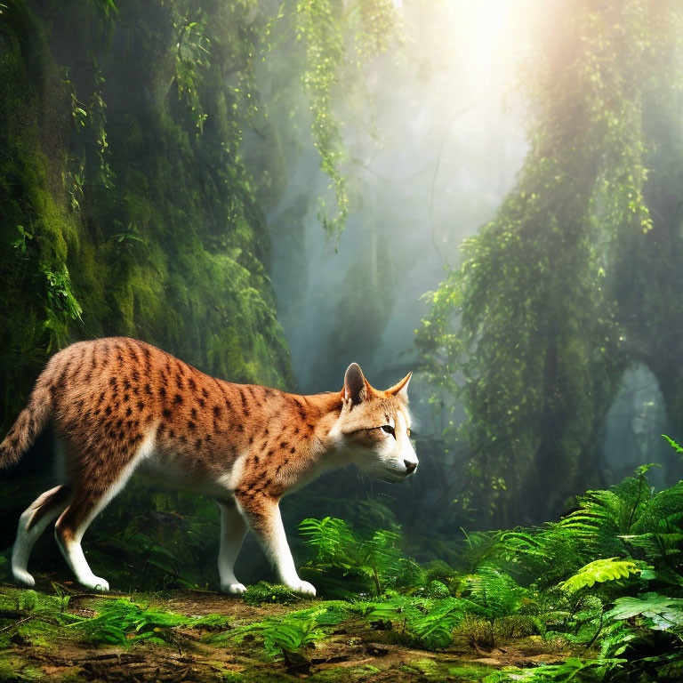 Wild lynx in sunlit forest with lush green foliage and mist.