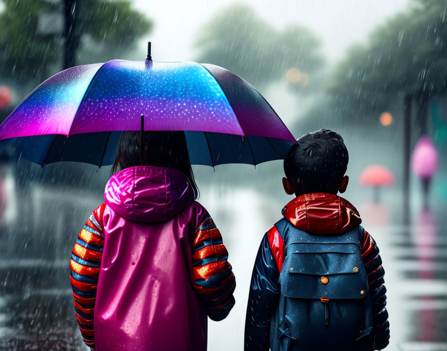 Children under colorful umbrella in rainwear, one pink, one red/blue