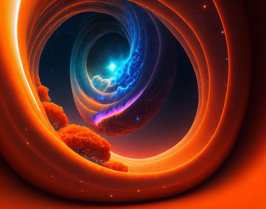 Surreal cosmic whirlpool with blue star and fiery orange trees
