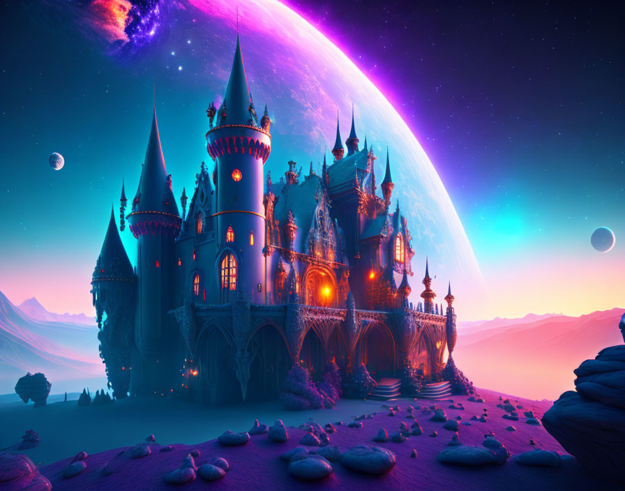 Fantastical Castle with Spires in Cosmic Landscape