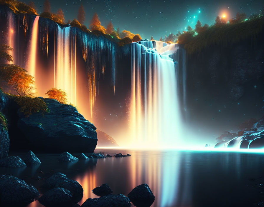 Nocturnal waterfall with radiant light reflected on serene pool