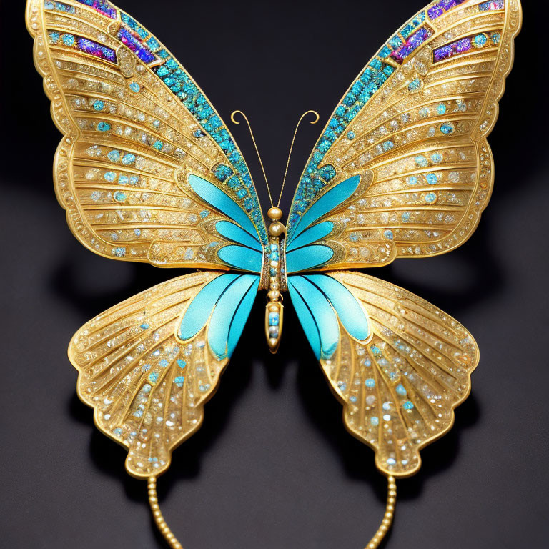 Gold Butterfly Brooch with Blue Enamel Wings and Jewel Encrusted Details