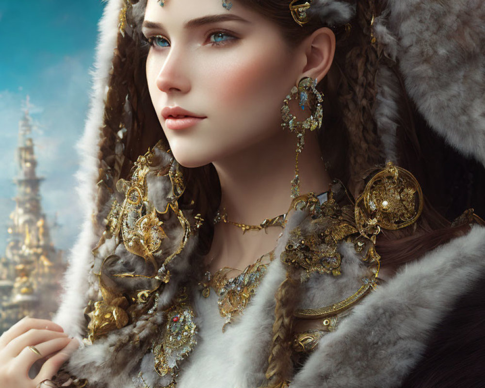 Regal woman in gold jewelry and fur-trimmed cloak exudes elegance and authority