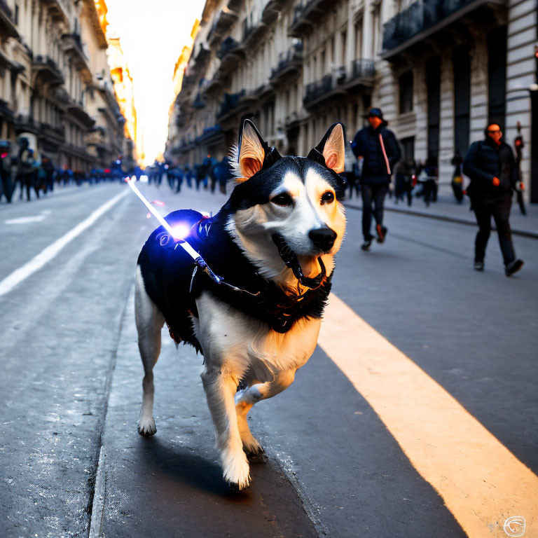 Blue glowing strap on dog harness walking in urban sunset scene
