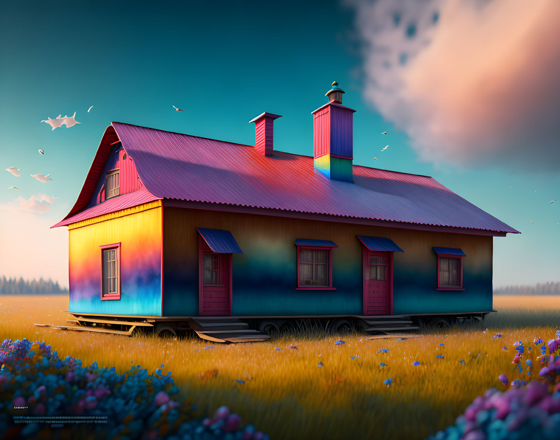 Vibrant whimsical house illustration in colorful field scene