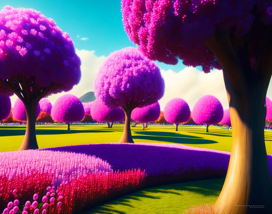 Colorful Artistic Illustration of Lush Landscape with Pink and Purple Trees