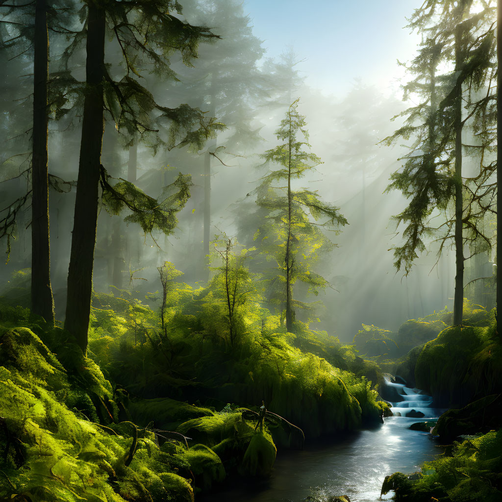 Sunbeams illuminate misty forest with moss-covered floor and tranquil stream