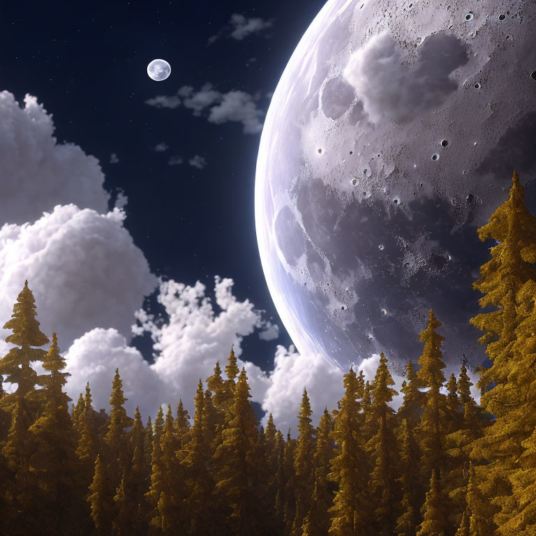Surreal landscape with oversized moon, dense forest, and starry sky