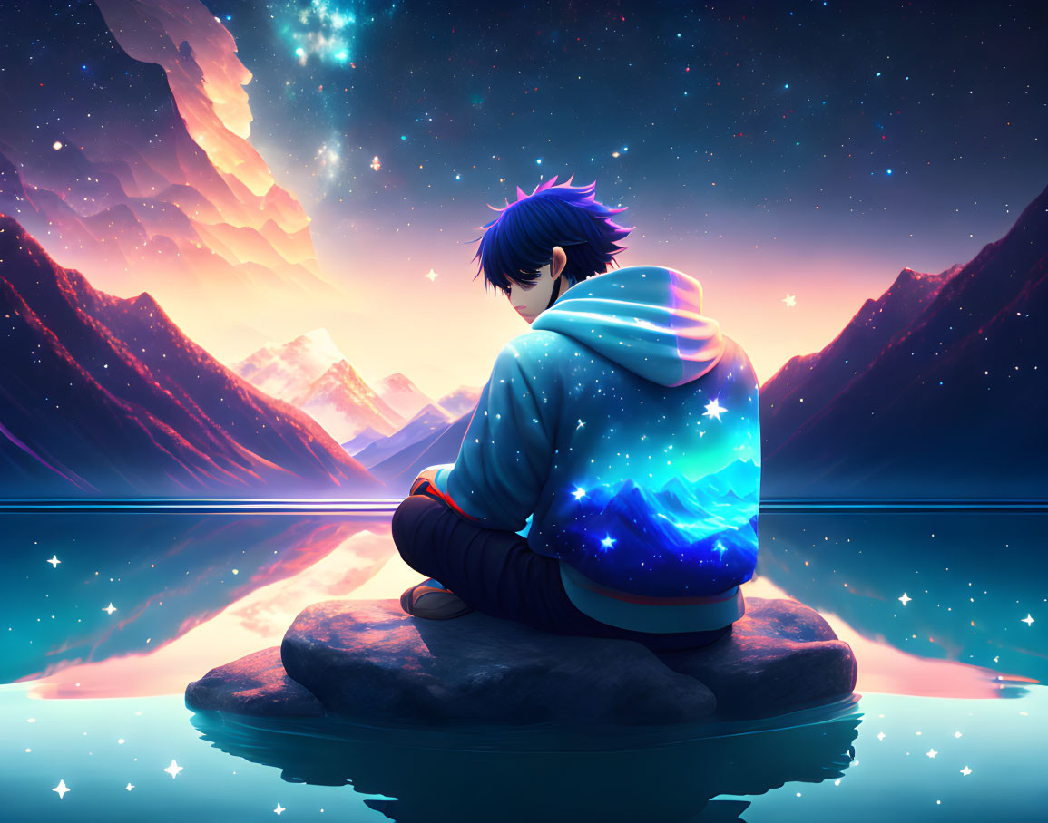 Person in Galaxy-Themed Hoodie Contemplates Starry Night Sky