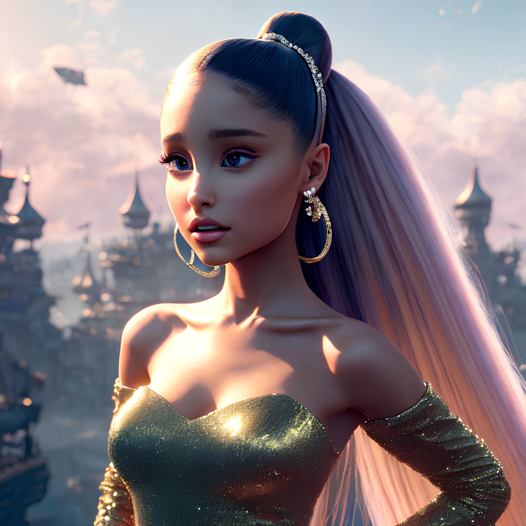 3D rendering of woman with pink hair in golden outfit, fantasy cityscape & airships