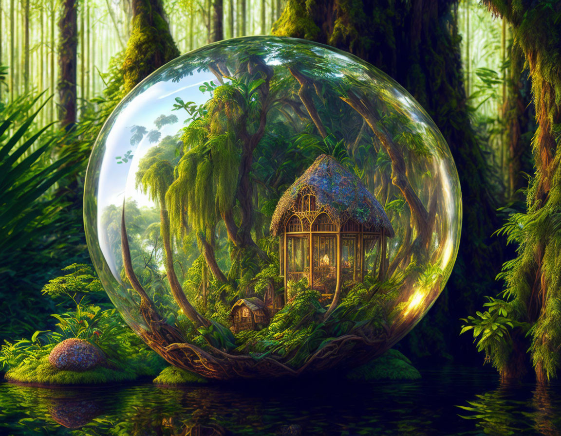 Fantasy forest landscape with ethereal bubble and serene sunlight