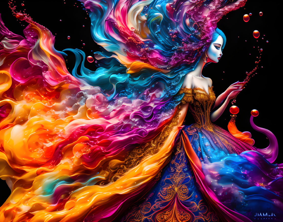 Colorful artwork: Woman in flowing gown merges with rainbow swirls