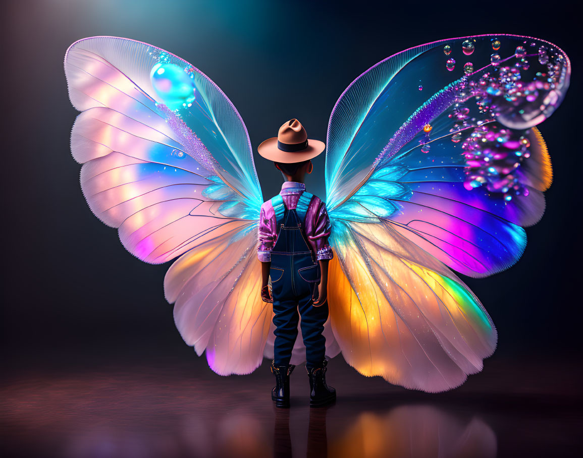 Cowboy hat person with vibrant butterfly wings glowing and adorned.