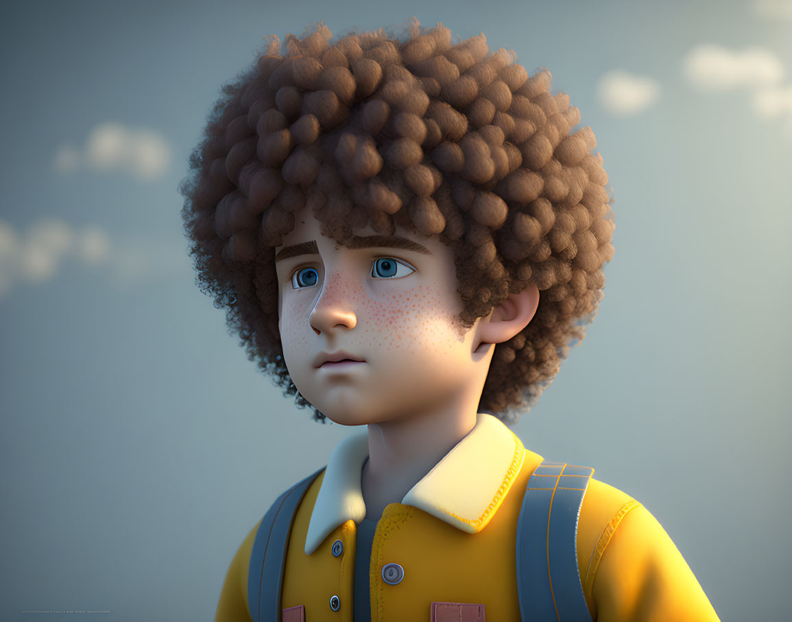 Young boy with curly afro and freckles in 3D render with yellow shirt and backpack