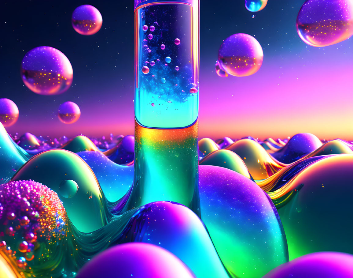 Surreal landscape with luminescent bubbles and wavy structures