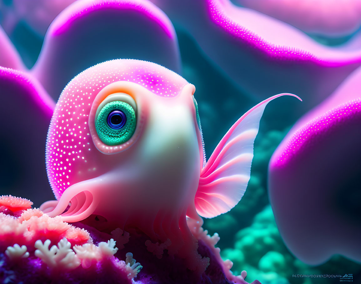 Colorful Illustration of Stylized Fish and Neon Coral Structures