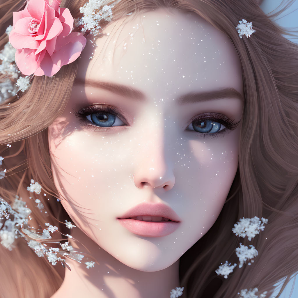 Close-up 3D illustration of woman with blue eyes, snowflakes, flowers, and pink