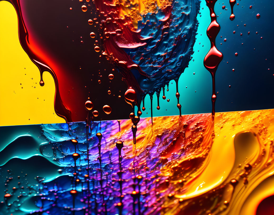 Colorful liquid splashes and droplets on glossy surface with red, blue, yellow, and purple