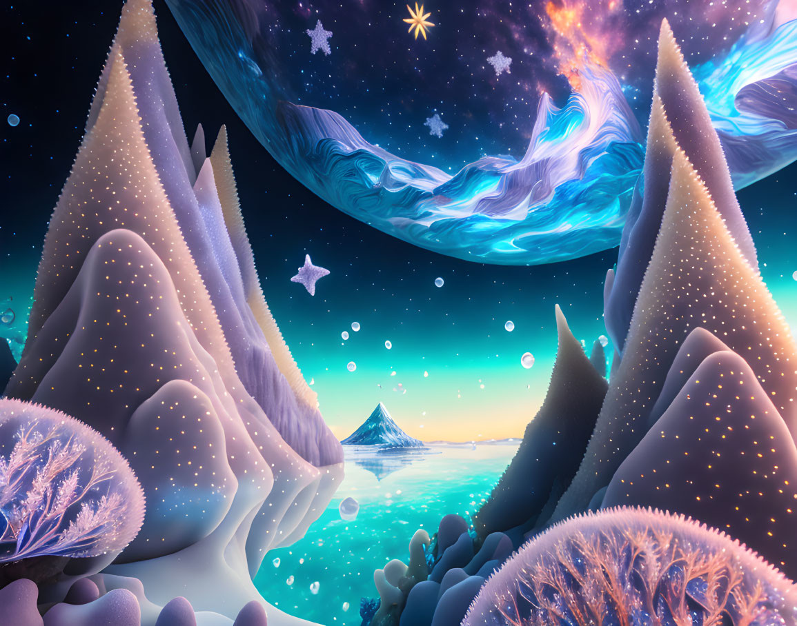 Glowing winter trees under starry sky with ocean and mountain