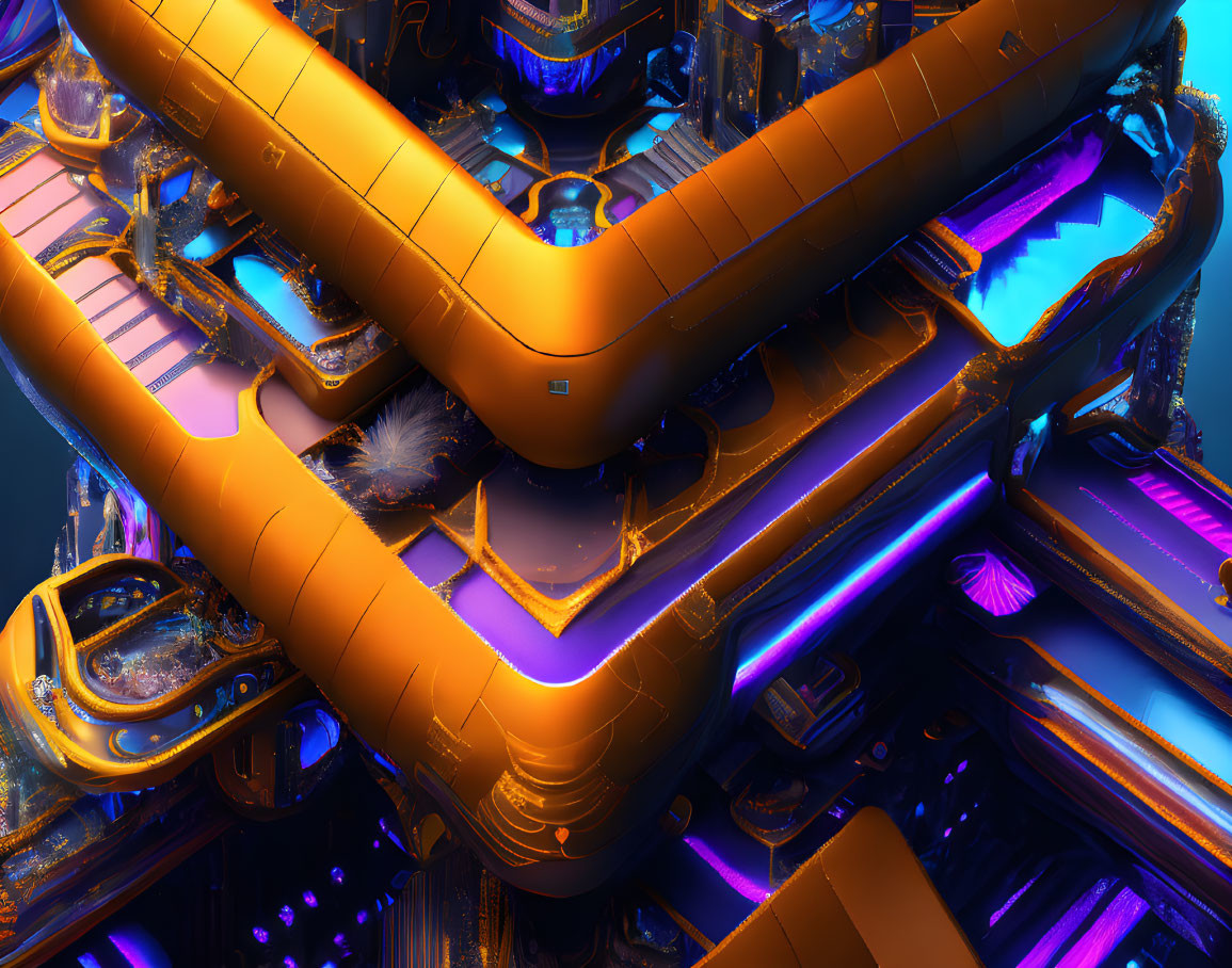 Intricate Neon-Lit Machinery Setup with Orange and Blue Pipes