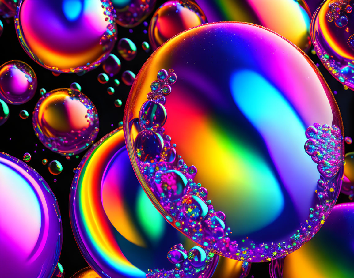 Colorful Shimmering Bubbles on Dark Background