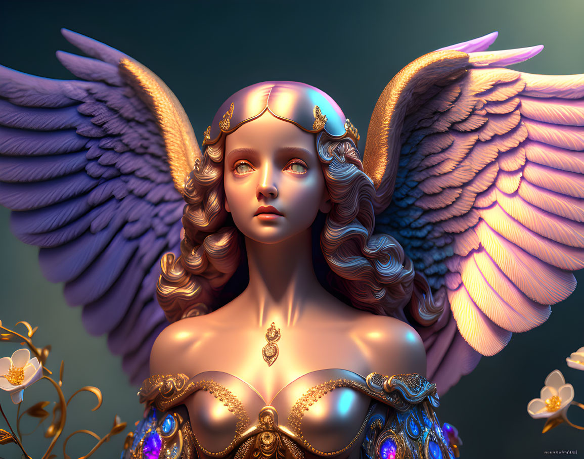 Digital artwork of female figure with angelic wings and golden jewelry