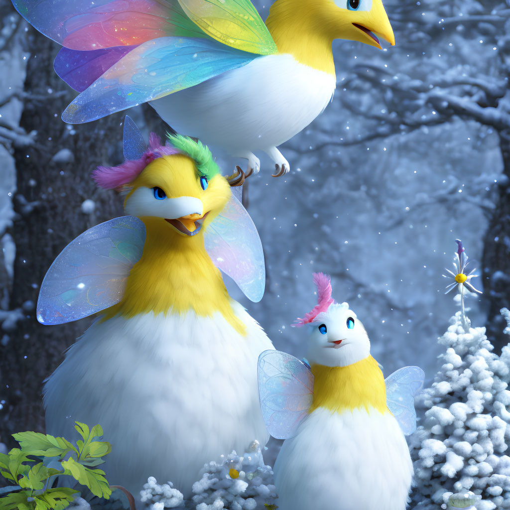 Colorful Bird-bodied Creatures in Enchanted Snowy Forest