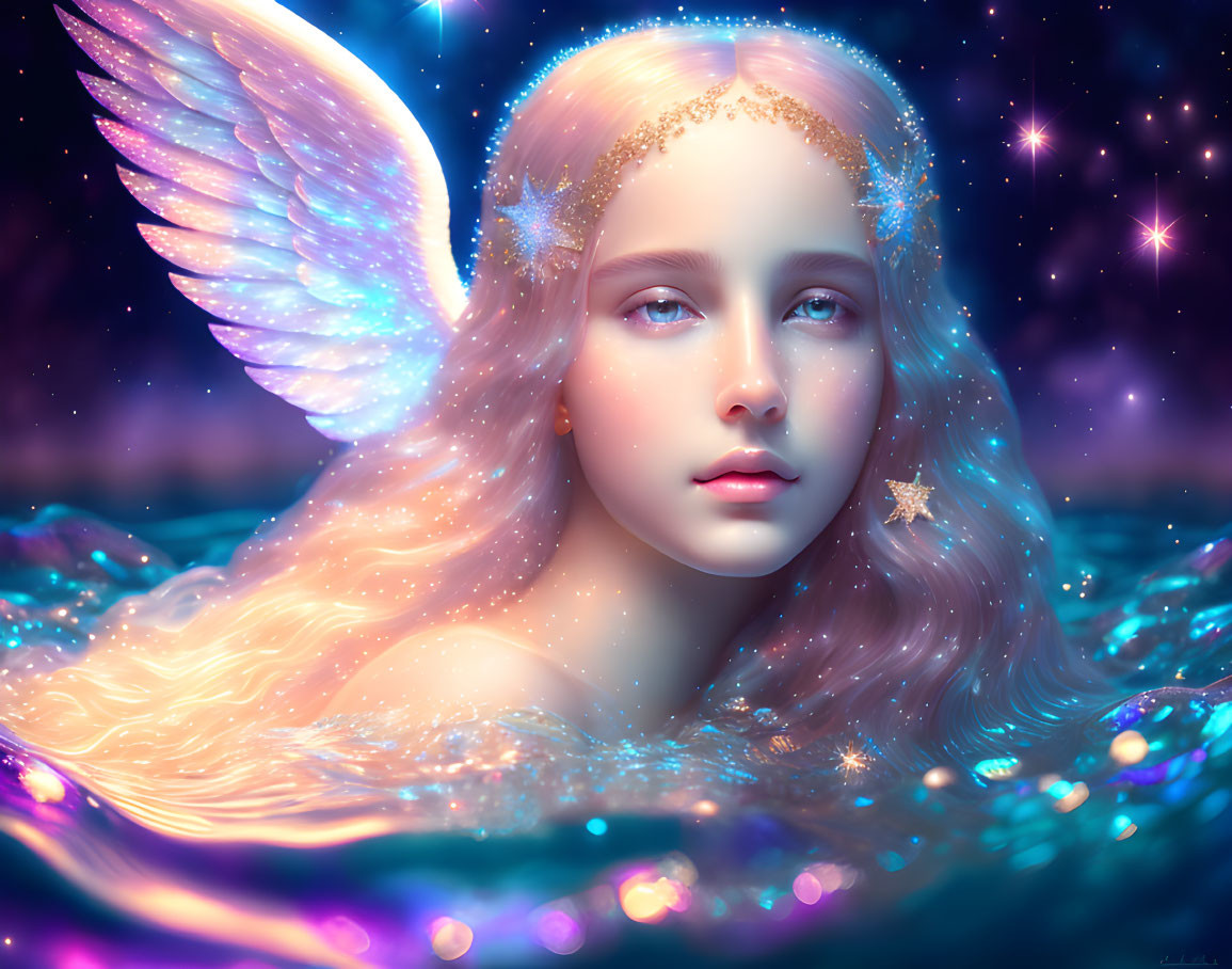 Young angelic being with luminous wings in ethereal blue setting surrounded by stars