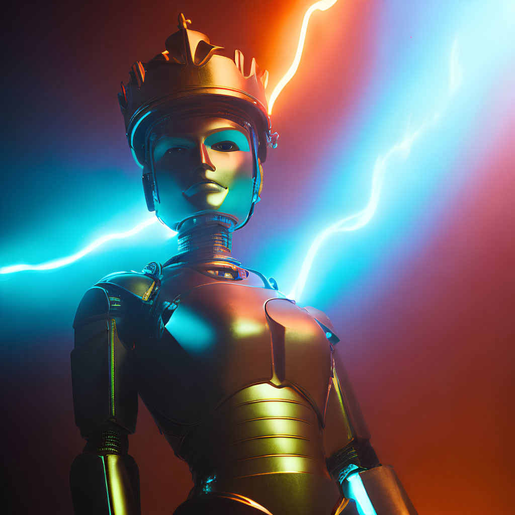 Robotic figure with crown in dramatic neon lights