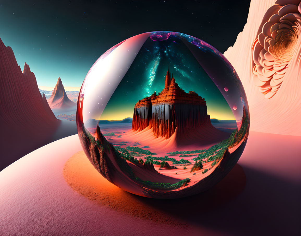 Surreal landscape with reflective sphere in alien terrain