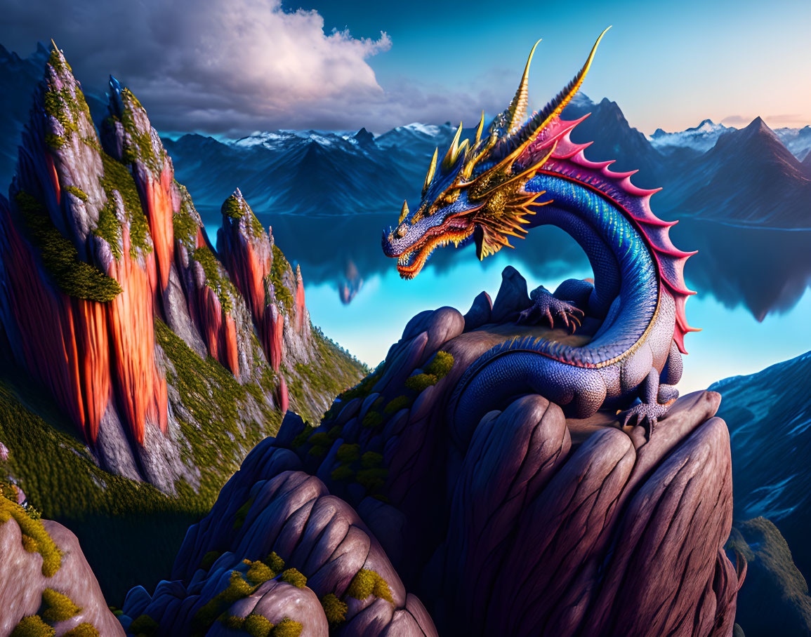 Blue dragon with golden horns on rocky mountain in fantastical landscape