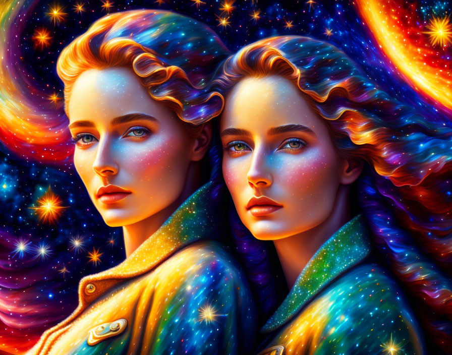 Cosmic-themed digital artwork of twin women with radiant blue eyes.