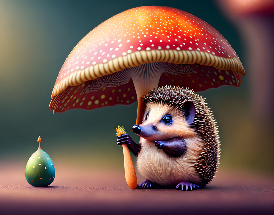 Adorable hedgehog with red mushroom and dandelion in whimsical forest
