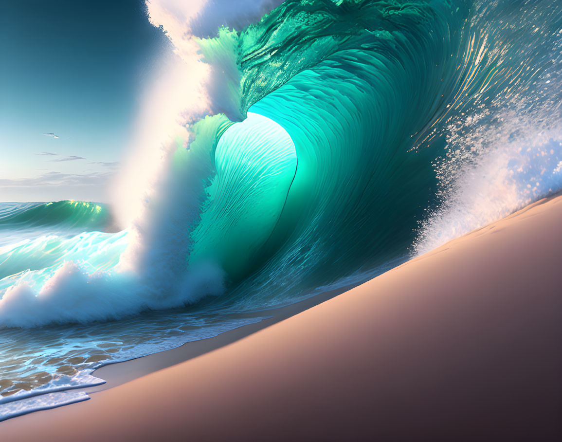 Vibrant digital image of large turquoise wave about to break on sandy beach